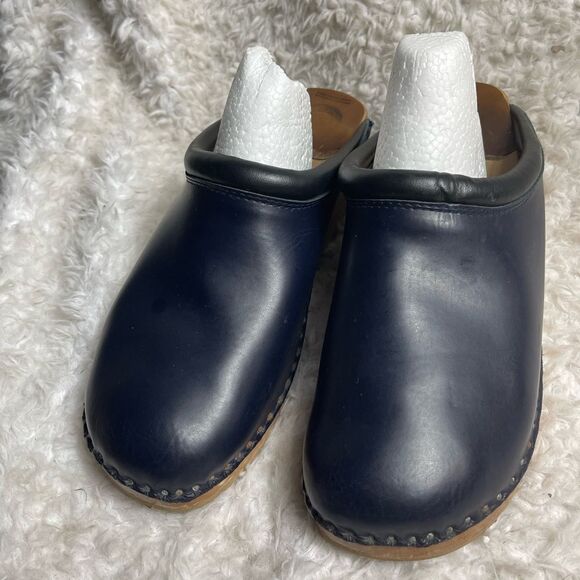 Vintage Troentorp Rembrandt  Leather Navy Blue &black Clogs wooden sole EUR SZ46 - Picture 2 of 8